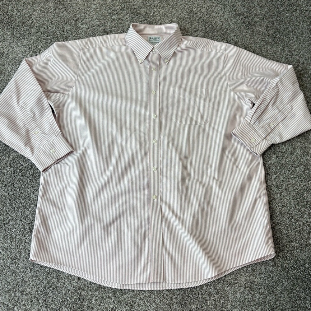 LL Bean Shirt Mens 17 33 pink white Stripe Wrinkle‎ Resistant Oxford Work #0026